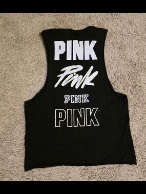 PINK Victoria's Secret Black Muscle Tank with White Logo Stack